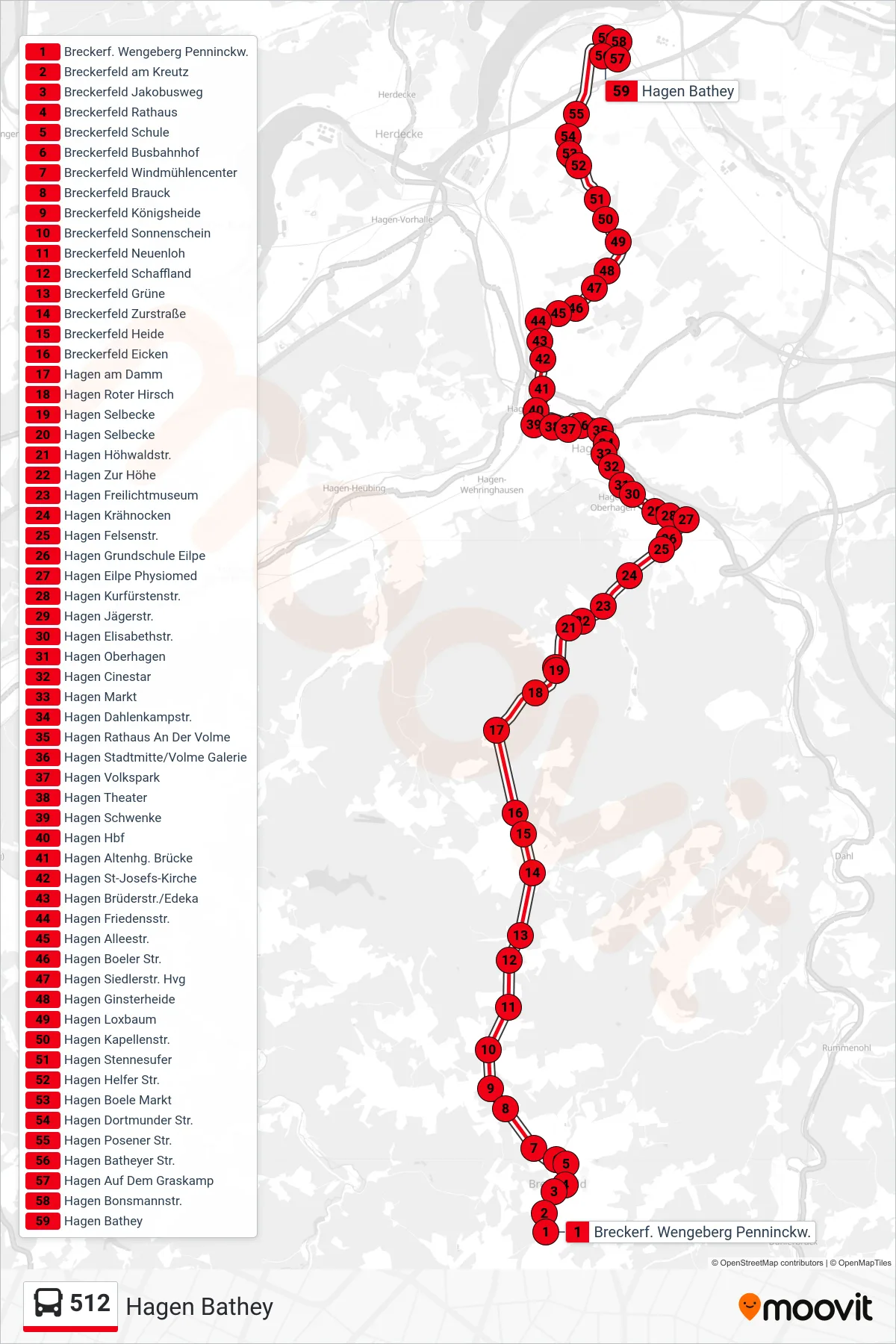 Linie 512 (Bus) Richtung Hagen Bathey: Route und Haltestellen auf der Karte