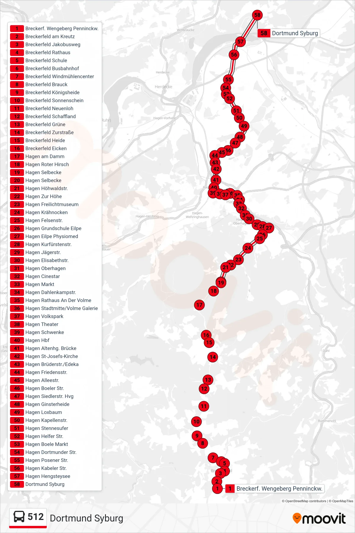 512 bus Line (Dortmund Syburg) route and stops on a map