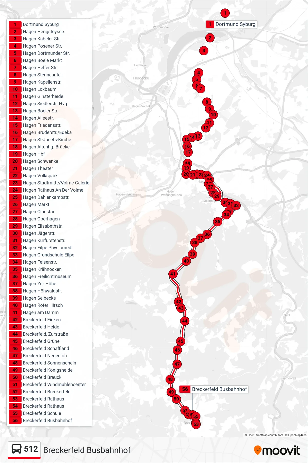Linie 512 (Bus) Richtung Breckerfeld Busbahnhof: Route und Haltestellen auf der Karte