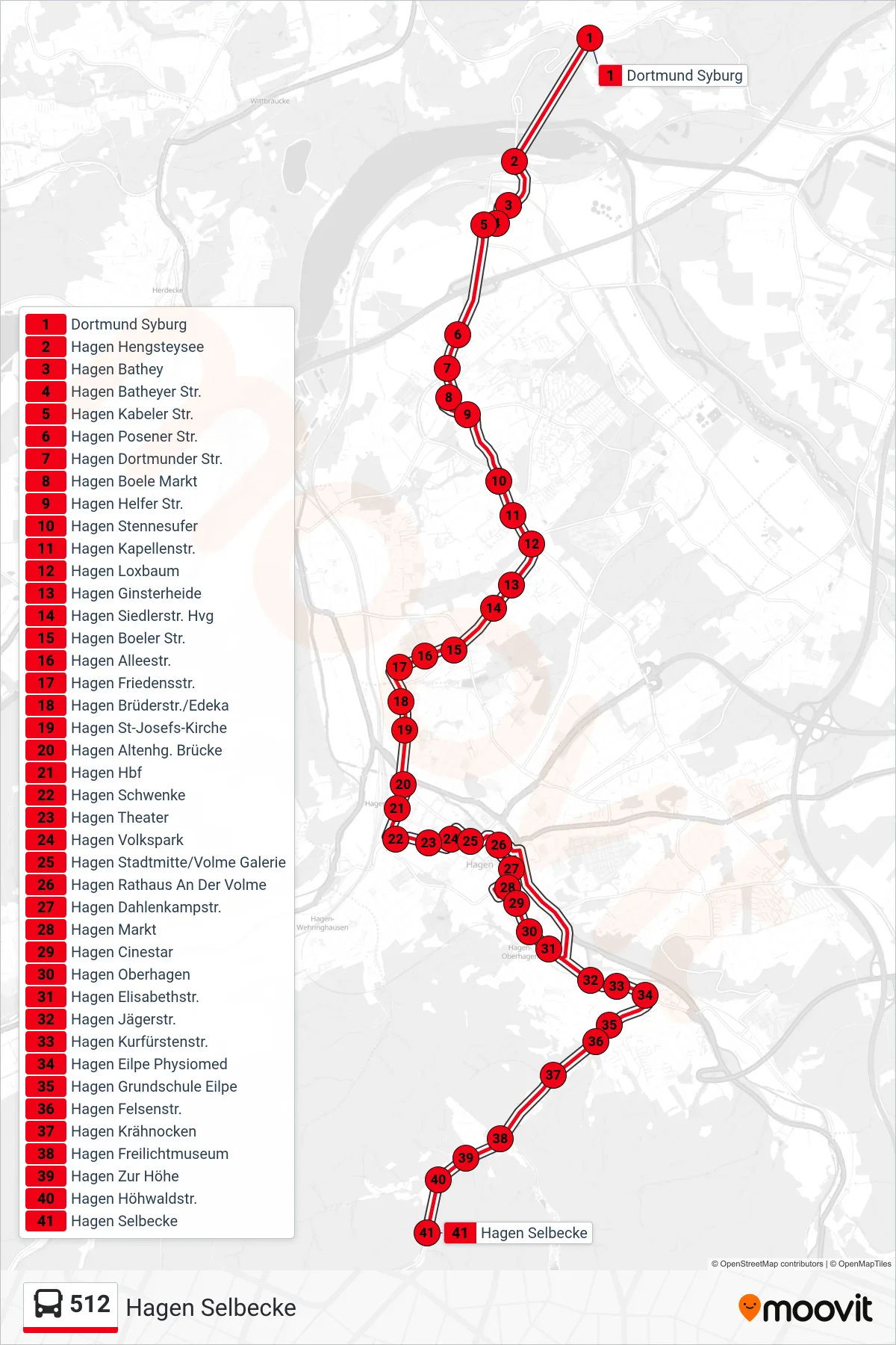 512 bus Line (Hagen Selbecke) route and stops on a map