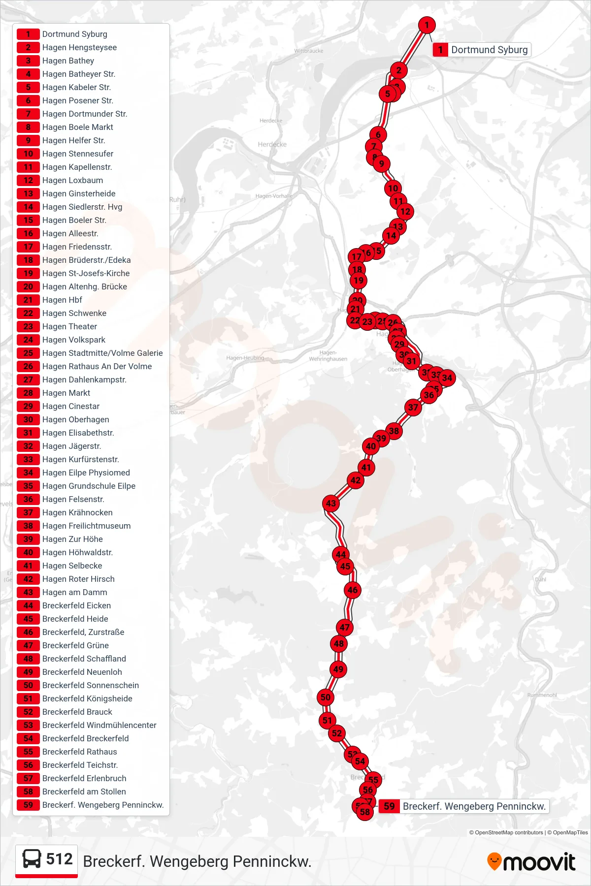 Linie 512 (Bus) Richtung Breckerf. Wengeberg Penninckw.: Route und Haltestellen auf der Karte