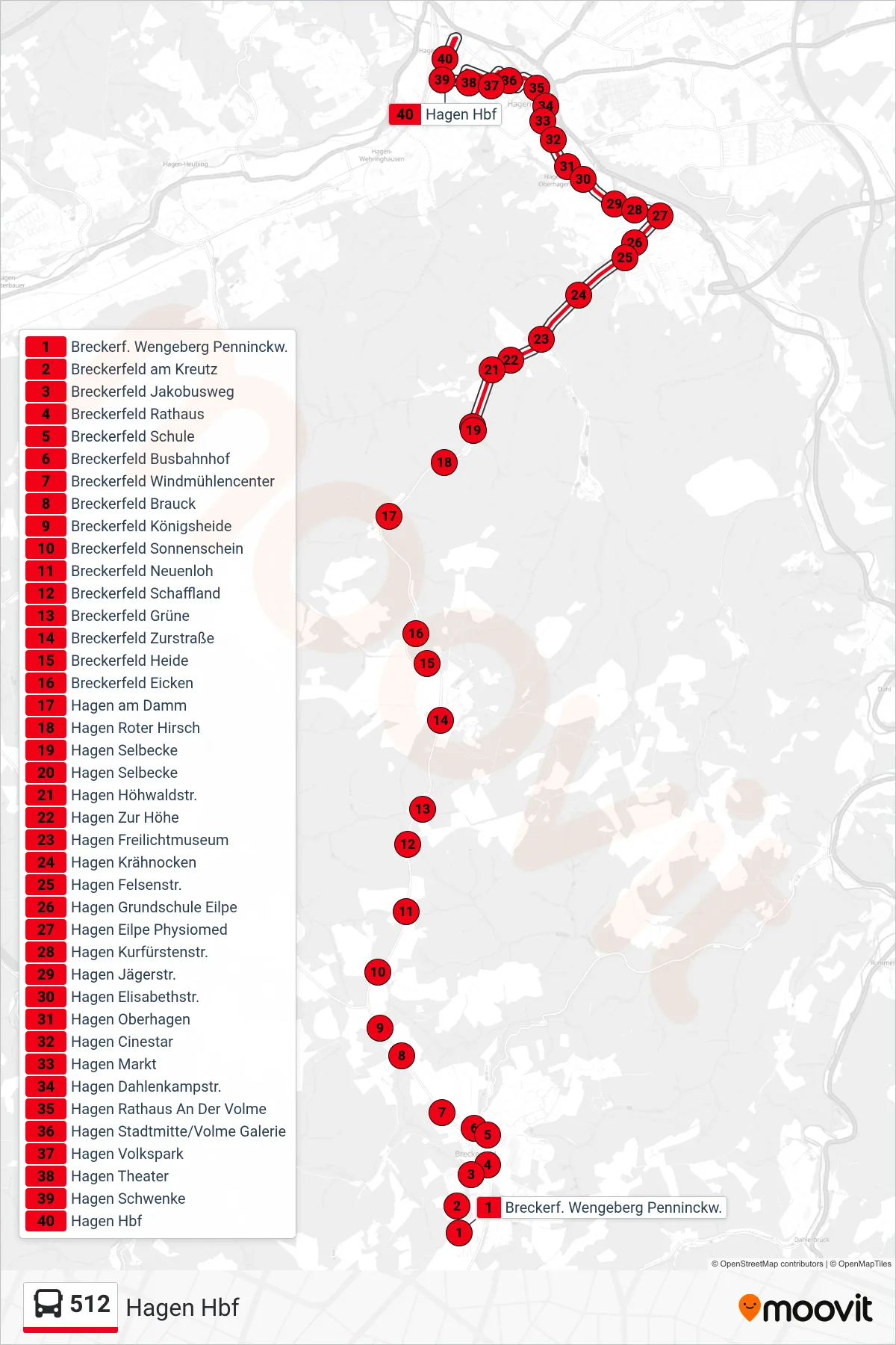 512 bus Line (Hagen Hbf) route and stops on a map