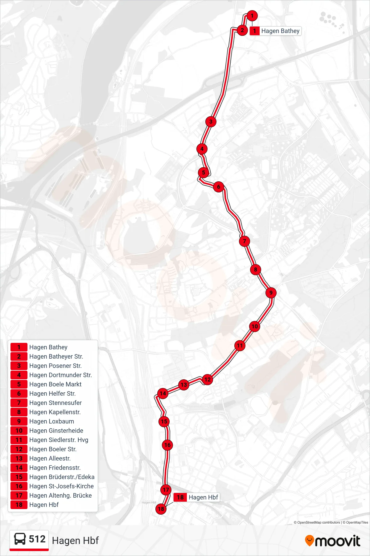 Linie 512 (Bus) Richtung Hagen Hbf: Route und Haltestellen auf der Karte