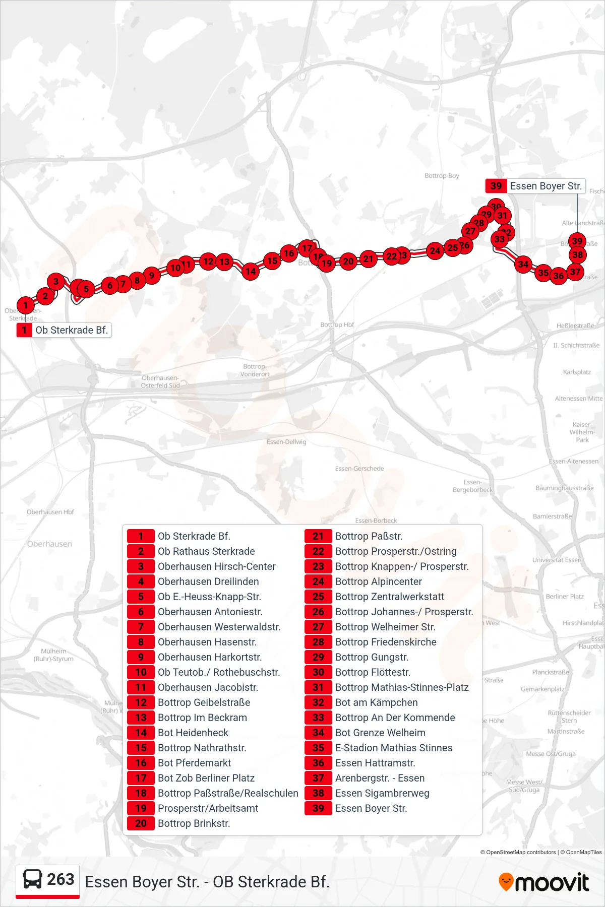 Linie 263 (Bus) Richtung Essen Boyer Str.: Route und Haltestellen auf der Karte
