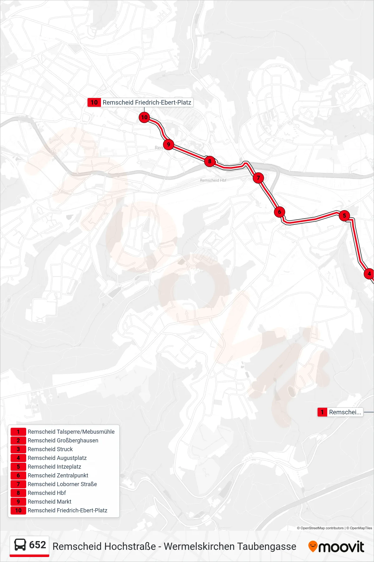 Linie 652 (Bus) Richtung Remscheid Friedrich-Ebert-Platz: Route und Haltestellen auf der Karte