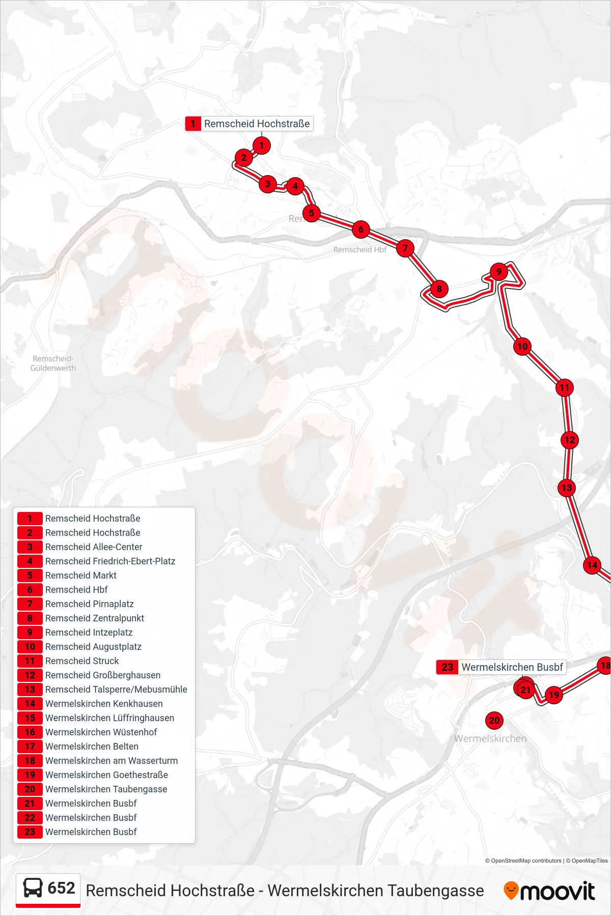 652 bus Line (Wermelskirchen Busbf) route and stops on a map