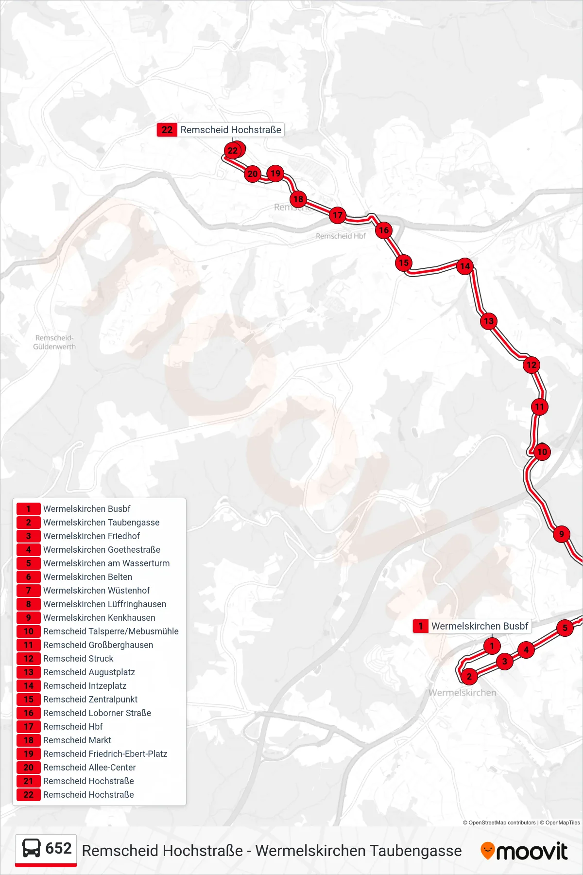 Linie 652 (Bus) Richtung Remscheid Hochstraße: Route und Haltestellen auf der Karte