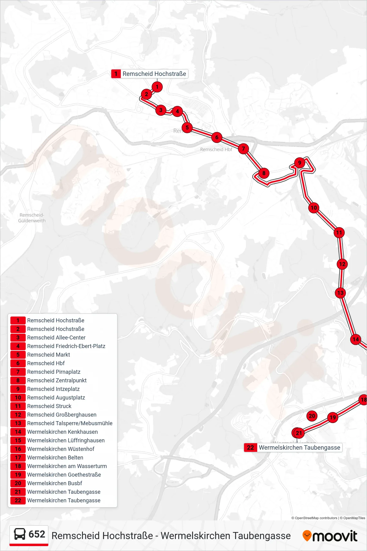 652 bus Line (Wermelskirchen Taubengasse) route and stops on a map