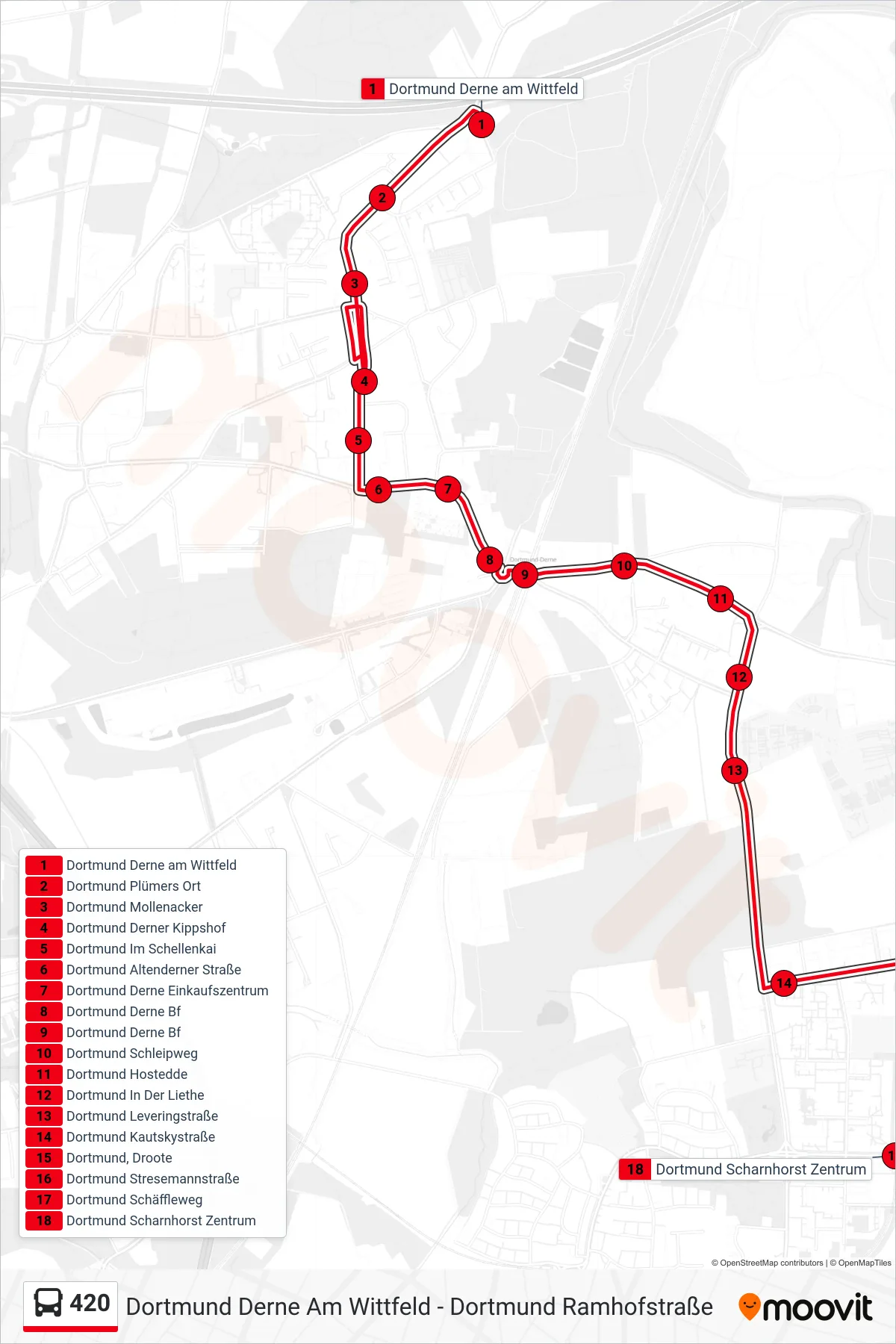 420 bus Line (Dortmund Scharnhorst Zentrum) route and stops on a map