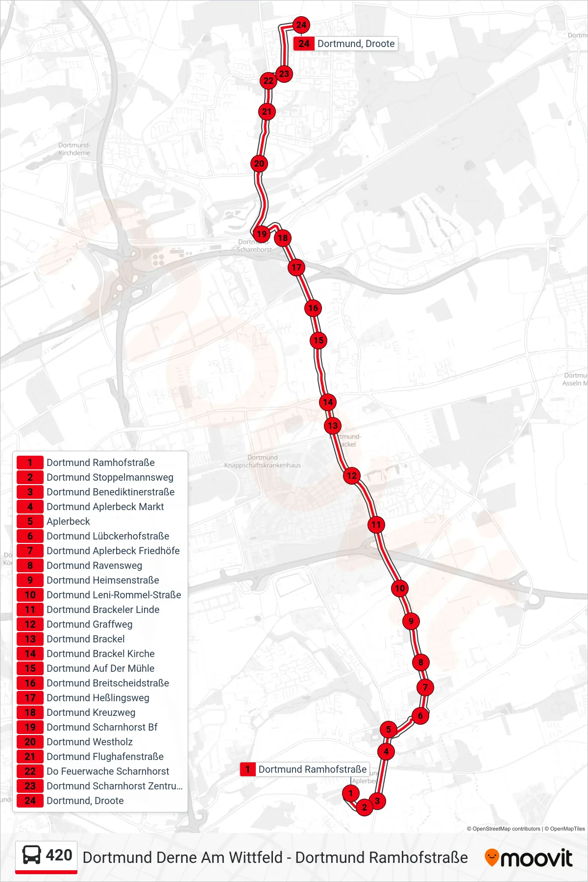 420 bus Line (Dortmund, Droote) route and stops on a map