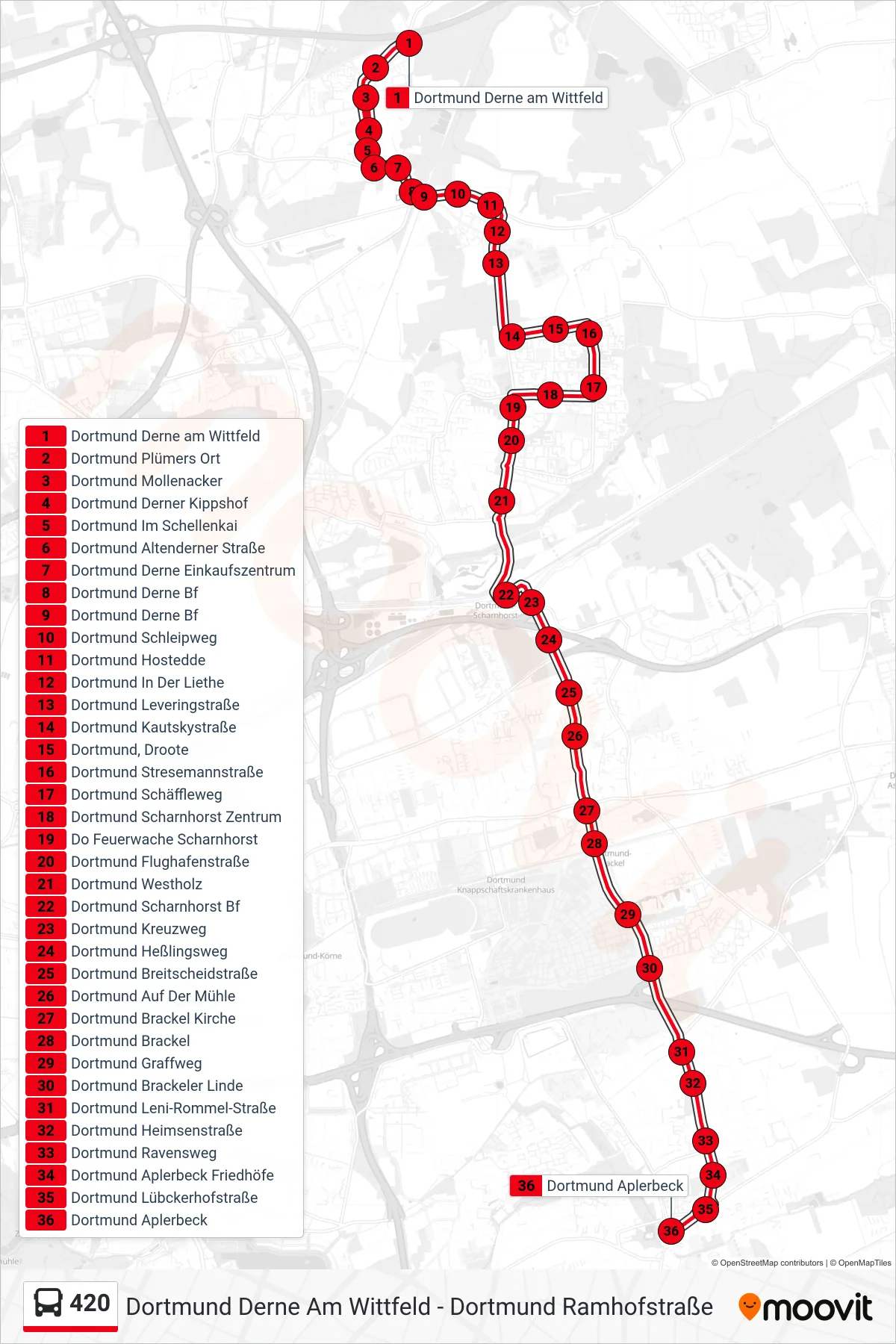 420 bus Line (Dortmund Aplerbeck) route and stops on a map