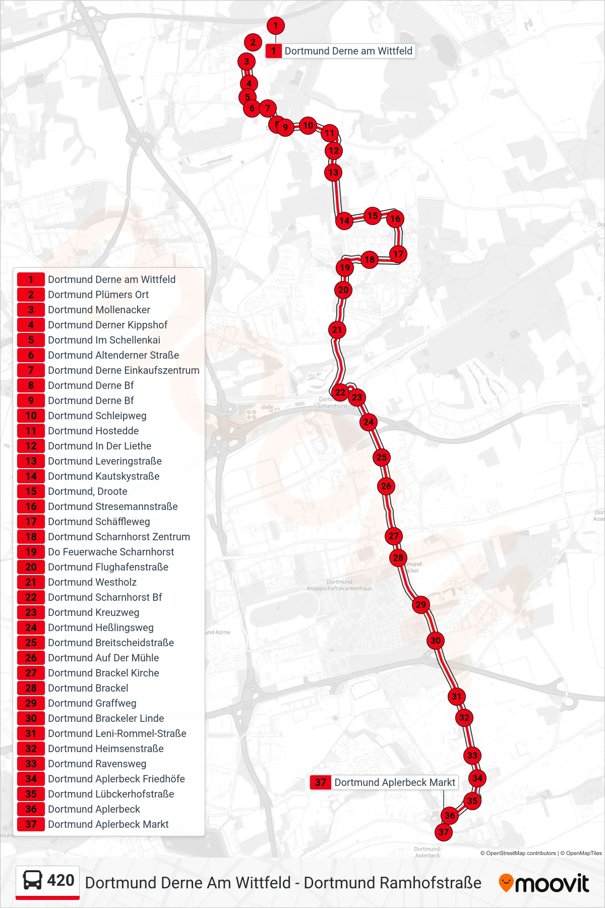 Linie 420 (Bus) Richtung Dortmund Aplerbeck Markt: Route und Haltestellen auf der Karte