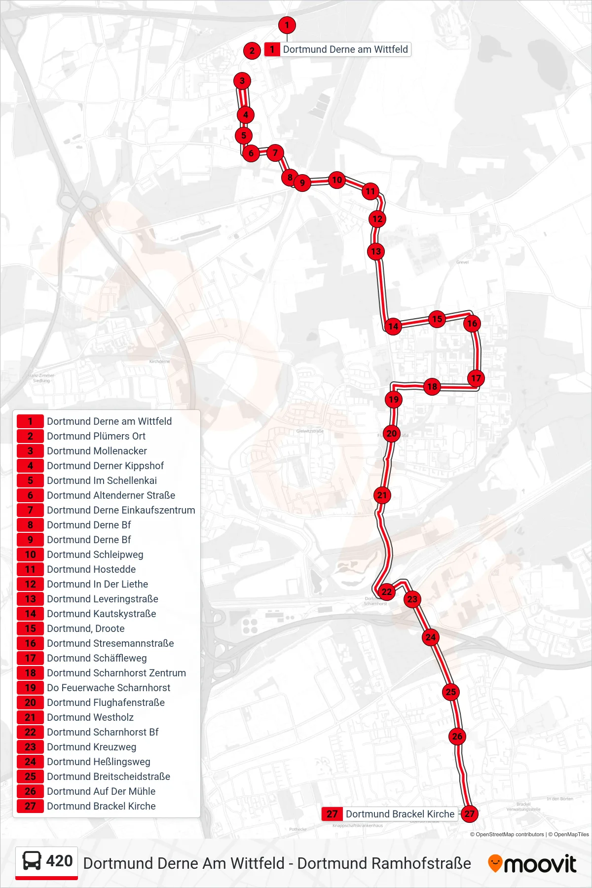 Linie 420 (Bus) Richtung Dortmund Brackel Kirche: Route und Haltestellen auf der Karte