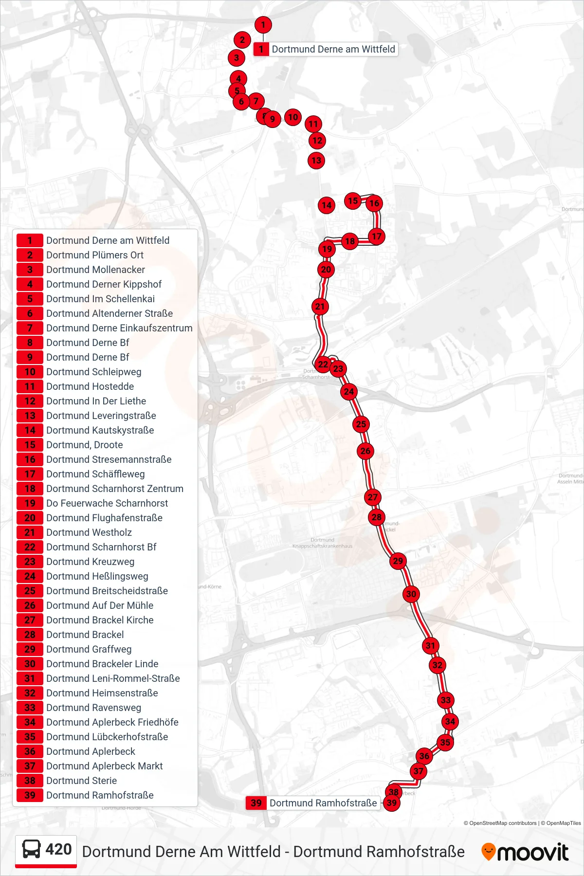 420 bus Line (Dortmund Ramhofstraße) route and stops on a map