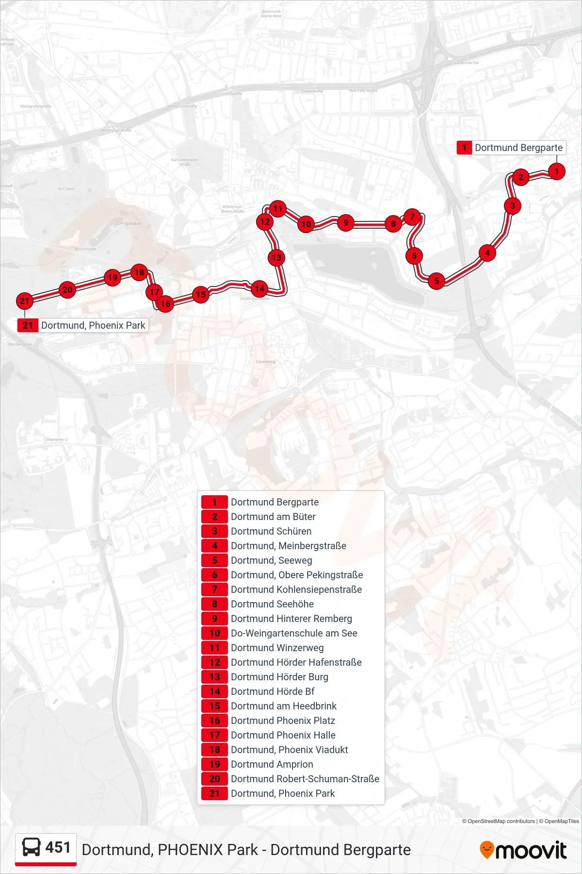 Linie 451 (Bus) Richtung Dortmund, Phoenix Park: Route und Haltestellen auf der Karte