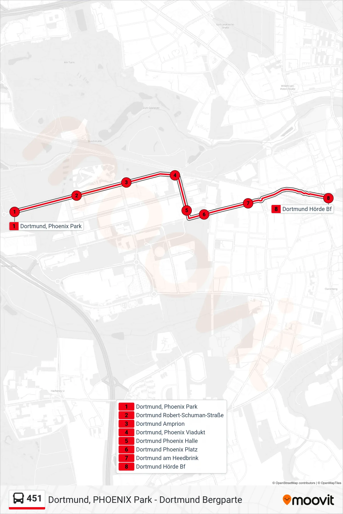 Linie 451 (Bus) Richtung Dortmund Hörde Bf: Route und Haltestellen auf der Karte