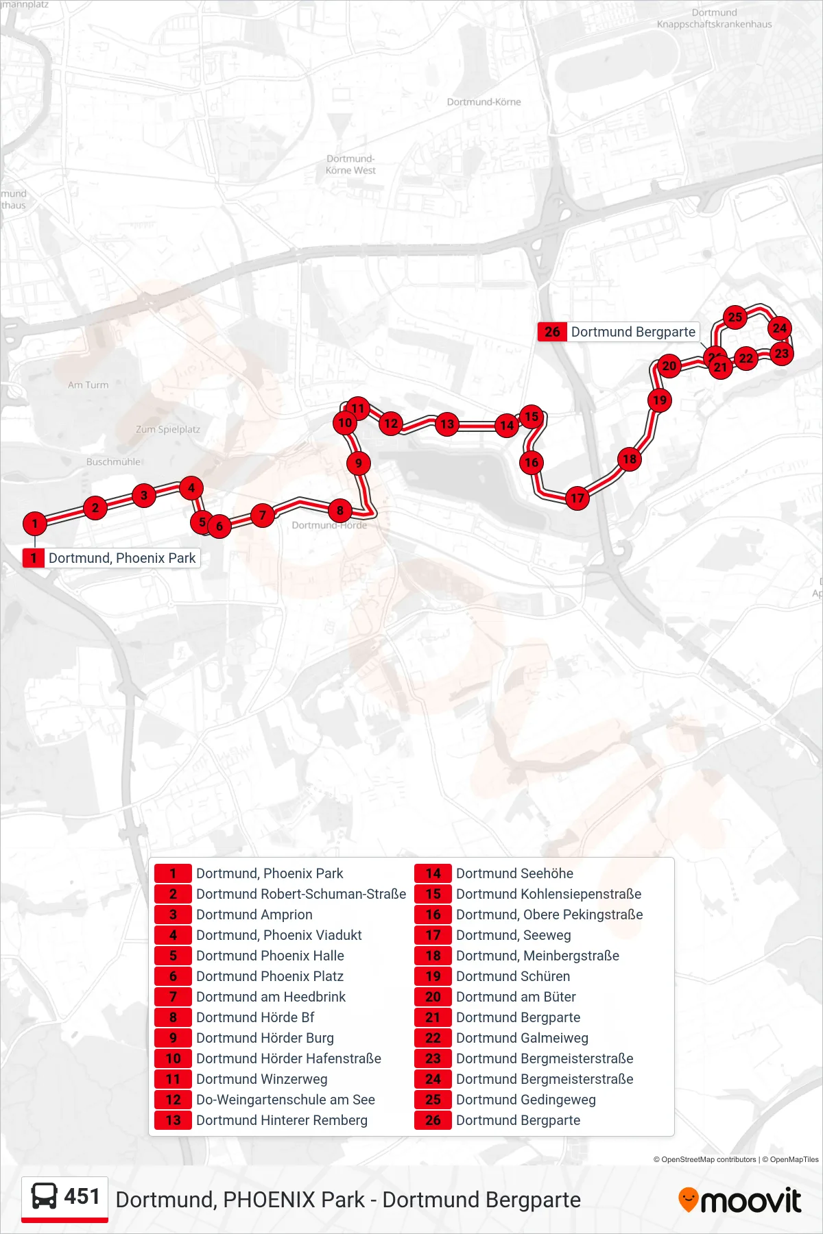 Linie 451 (Bus) Richtung Dortmund Bergparte: Route und Haltestellen auf der Karte