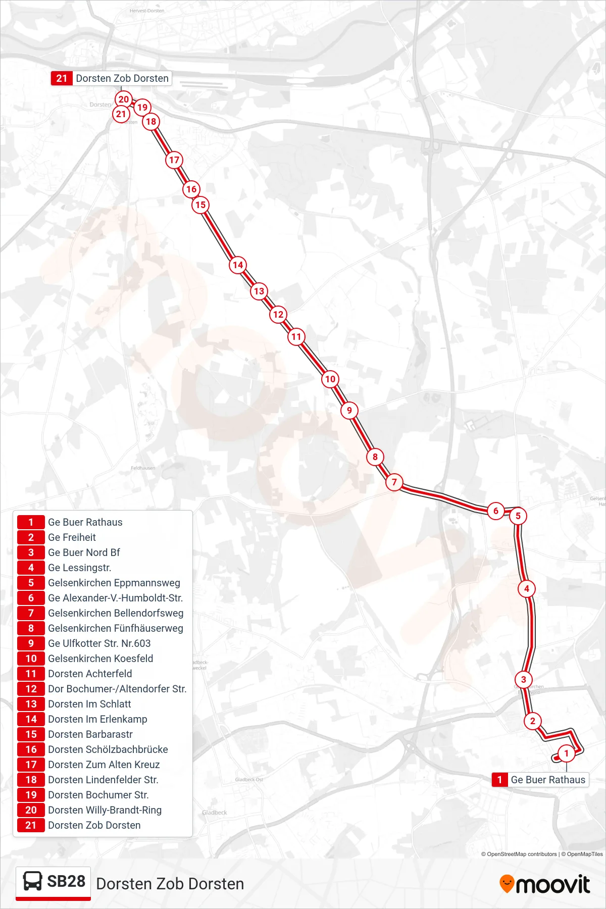 Linie SB28 (Bus) Richtung Dorsten Zob Dorsten: Route und Haltestellen auf der Karte