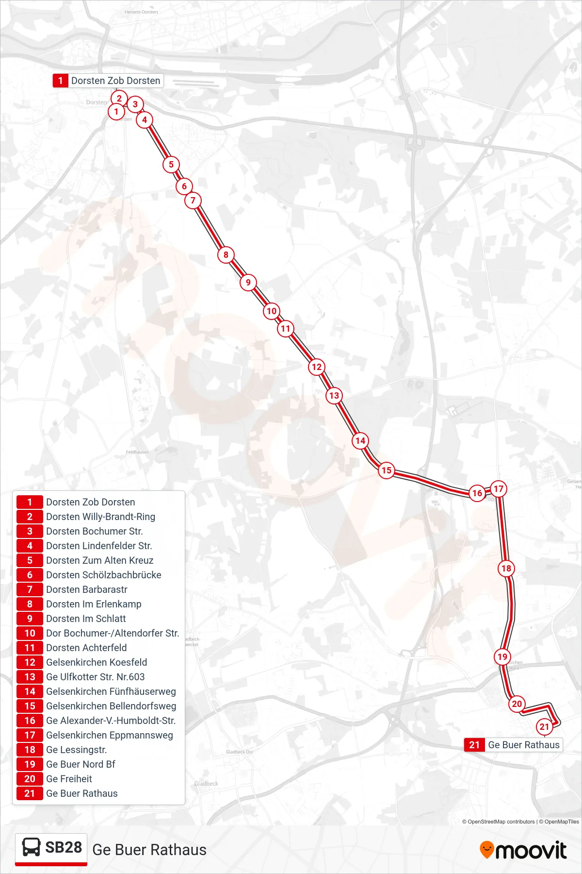 SB28 bus Line (Ge Buer Rathaus) route and stops on a map