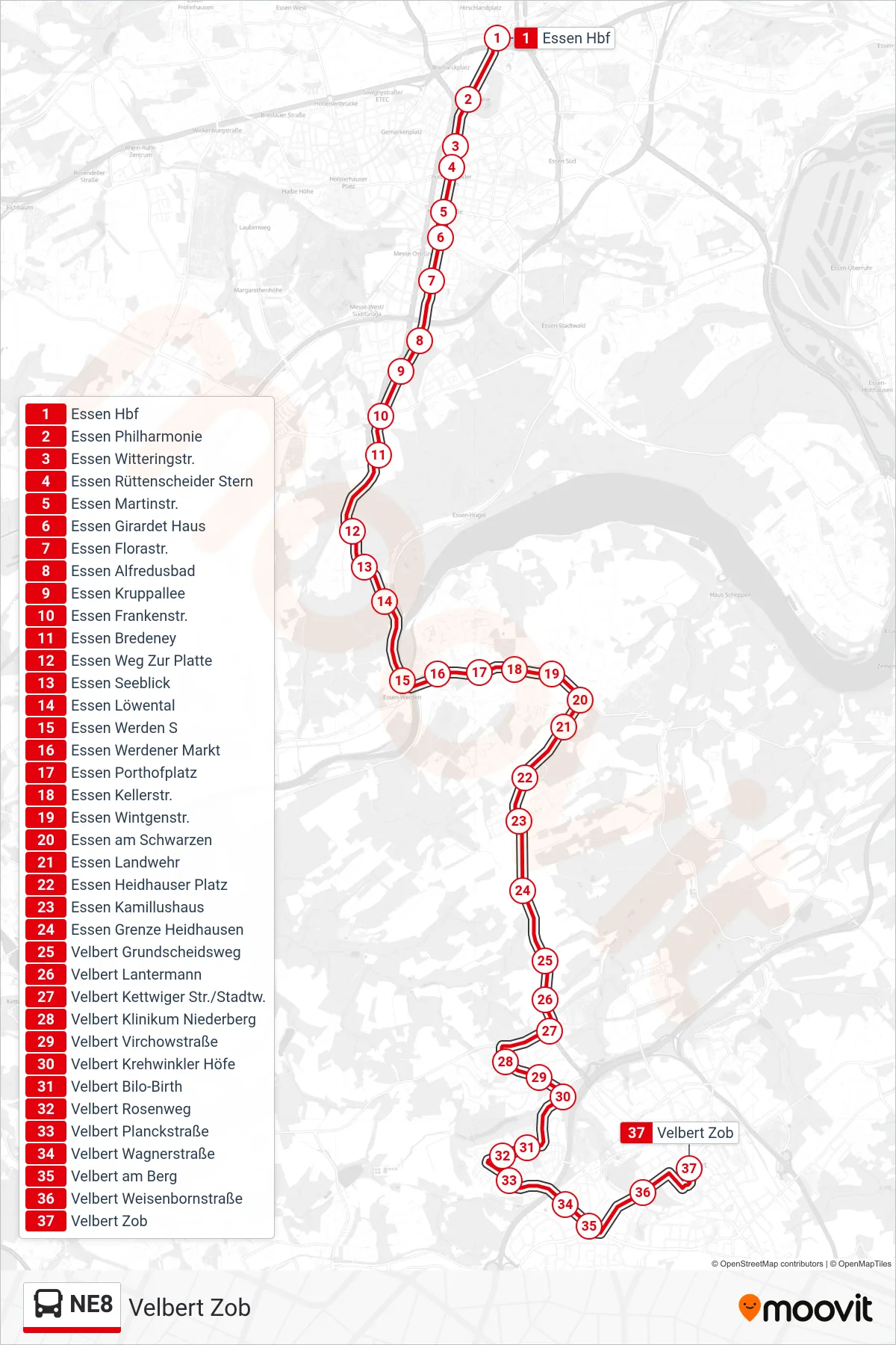 Linie NE8 (Bus) Richtung Velbert Zob: Route und Haltestellen auf der Karte