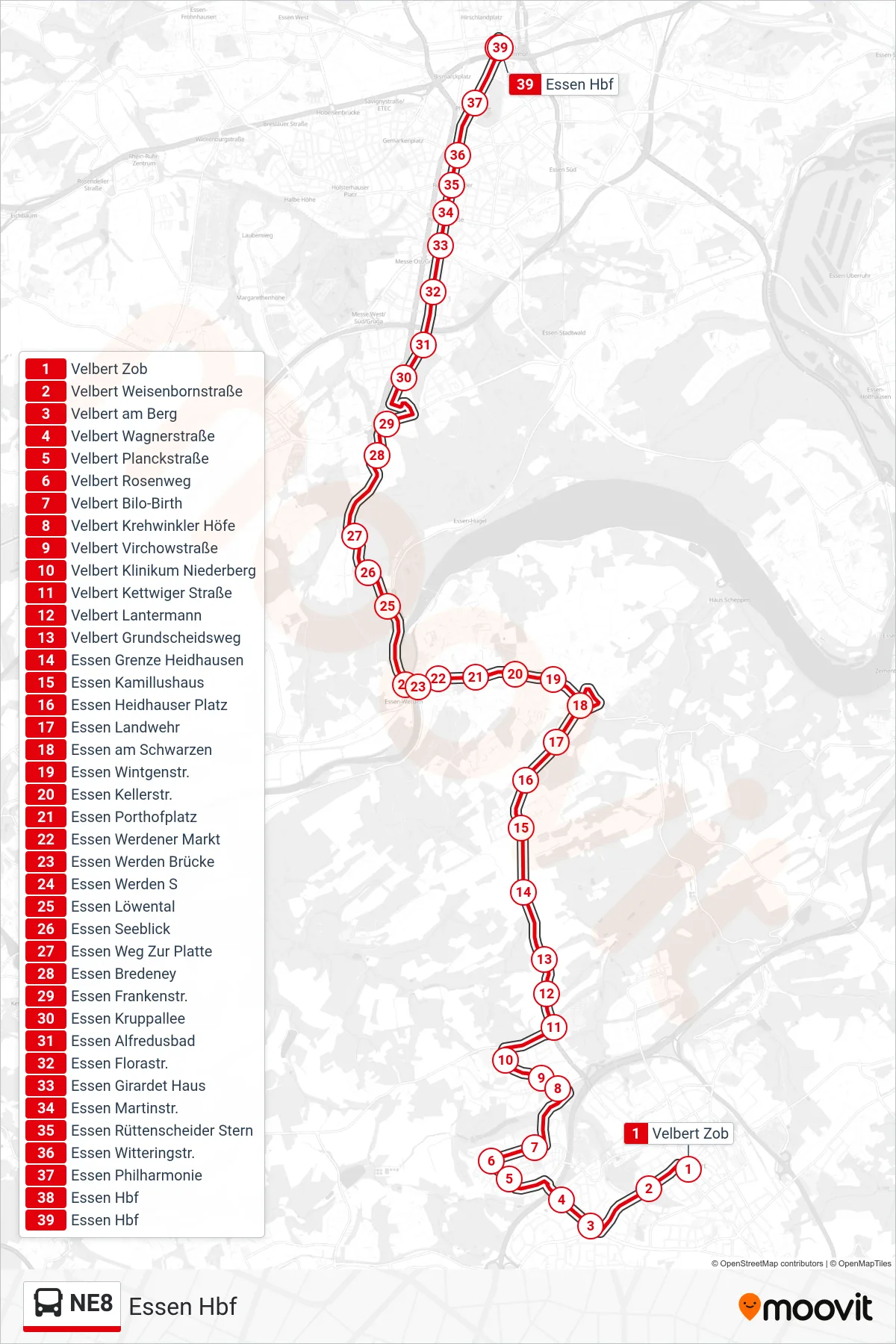 Linie NE8 (Bus) Richtung Essen Hbf: Route und Haltestellen auf der Karte