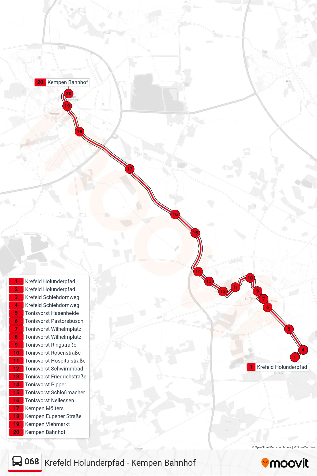 Linie 068 (Bus) Richtung Kempen Bahnhof: Route und Haltestellen auf der Karte