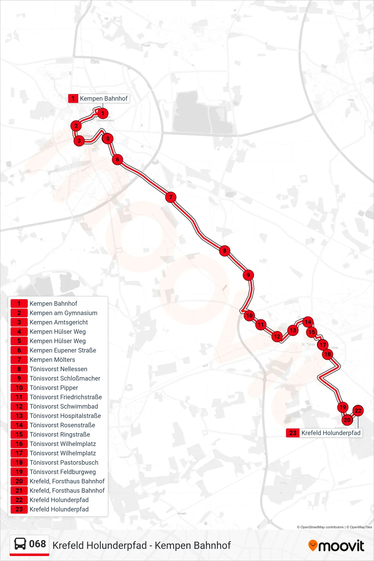 Linie 068 (Bus) Richtung Krefeld Holunderpfad: Route und Haltestellen auf der Karte
