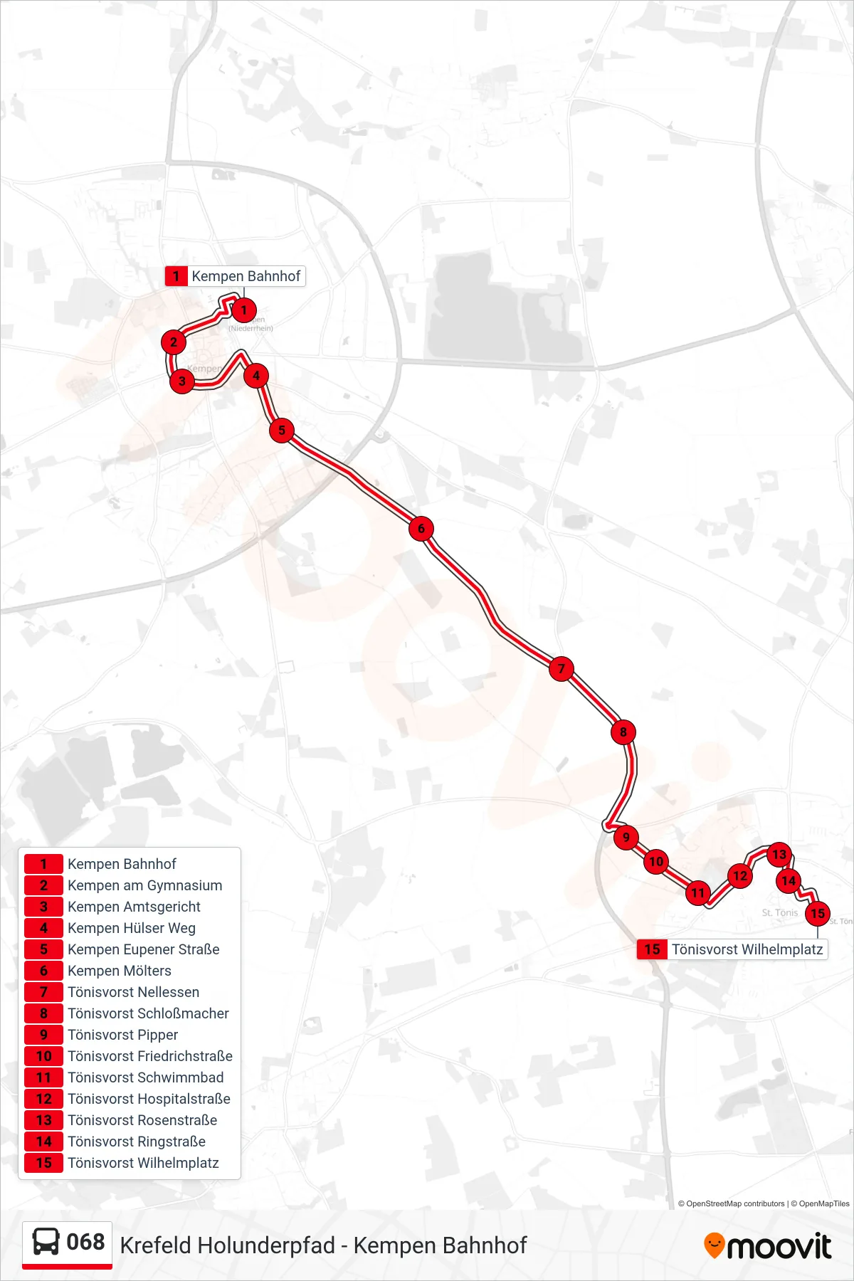 Linie 068 (Bus) Richtung Tönisvorst Wilhelmplatz: Route und Haltestellen auf der Karte