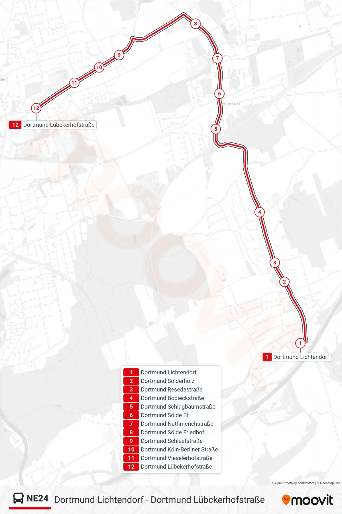 Linie NE24 (Bus) Richtung Dortmund Lübckerhofstraße: Route und Haltestellen auf der Karte