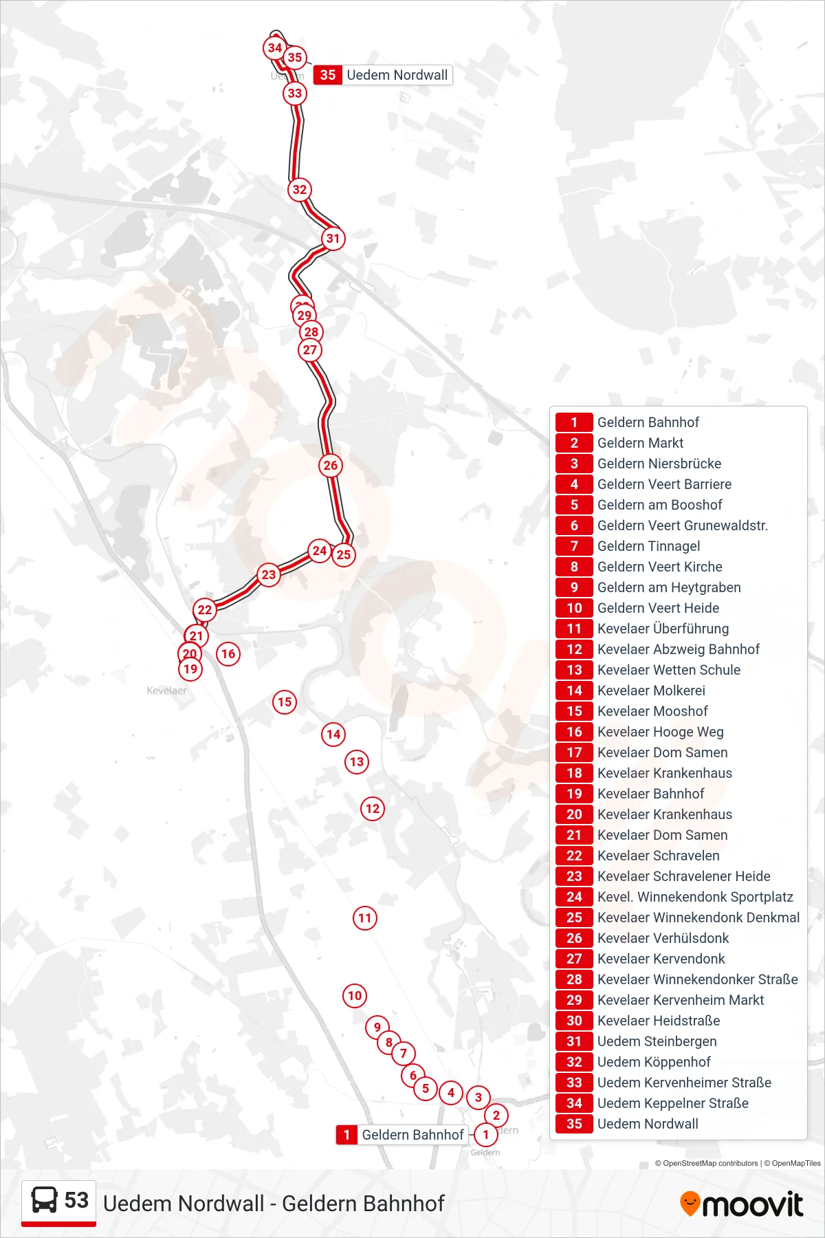 Linie 53 (Bus) Richtung Uedem Nordwall: Route und Haltestellen auf der Karte