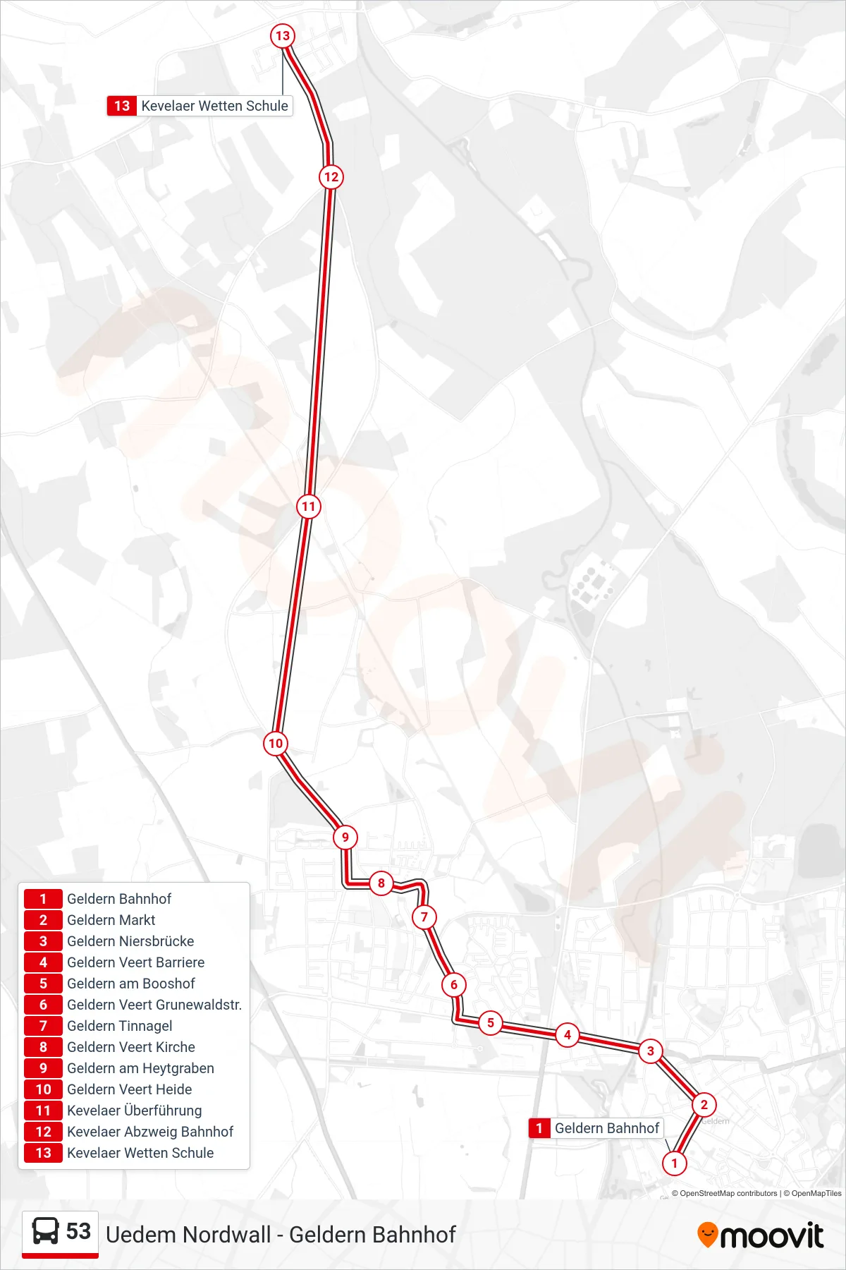 53 bus Line (Kevelaer Wetten Schule) route and stops on a map