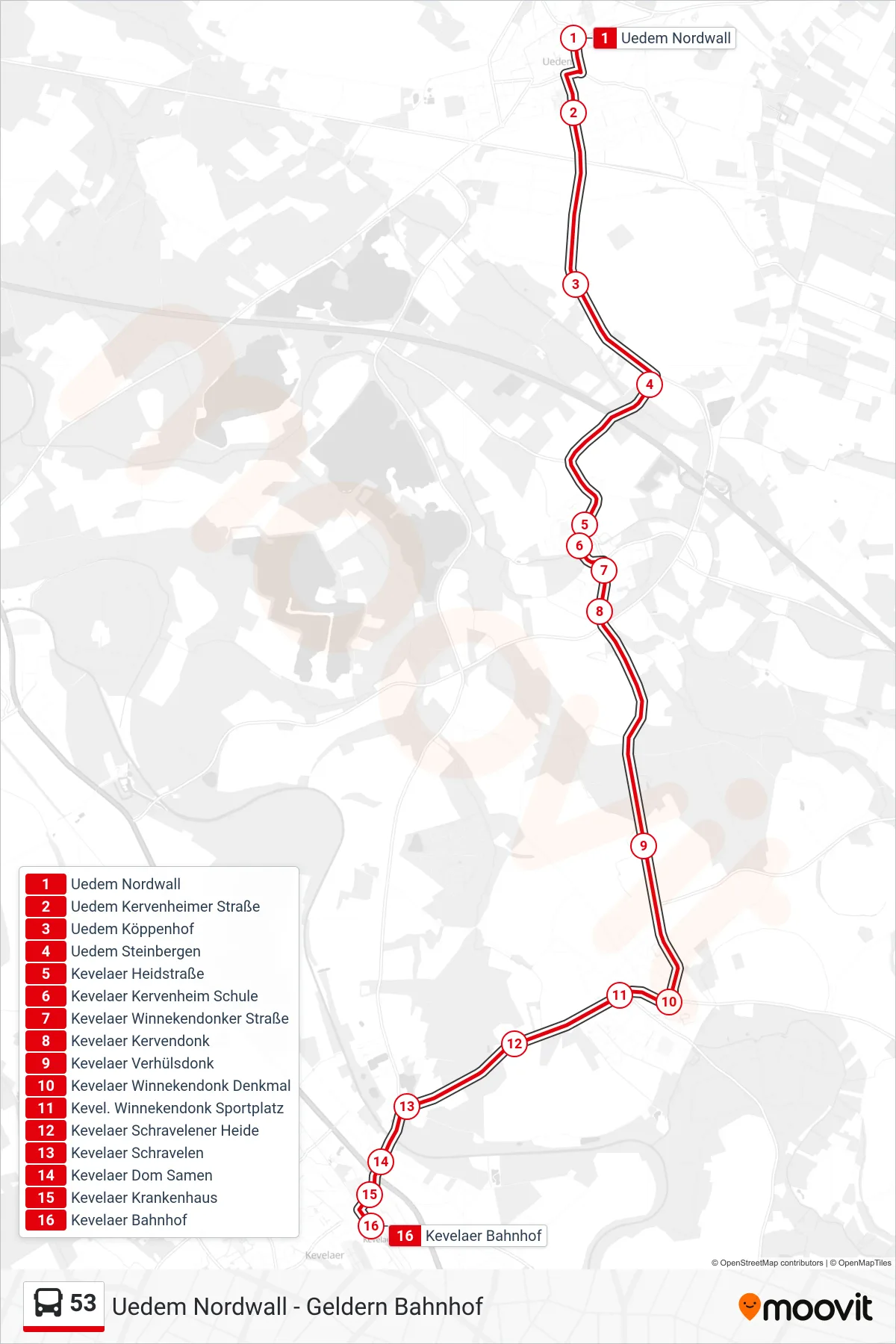 53 bus Line (Kevelaer Bahnhof) route and stops on a map