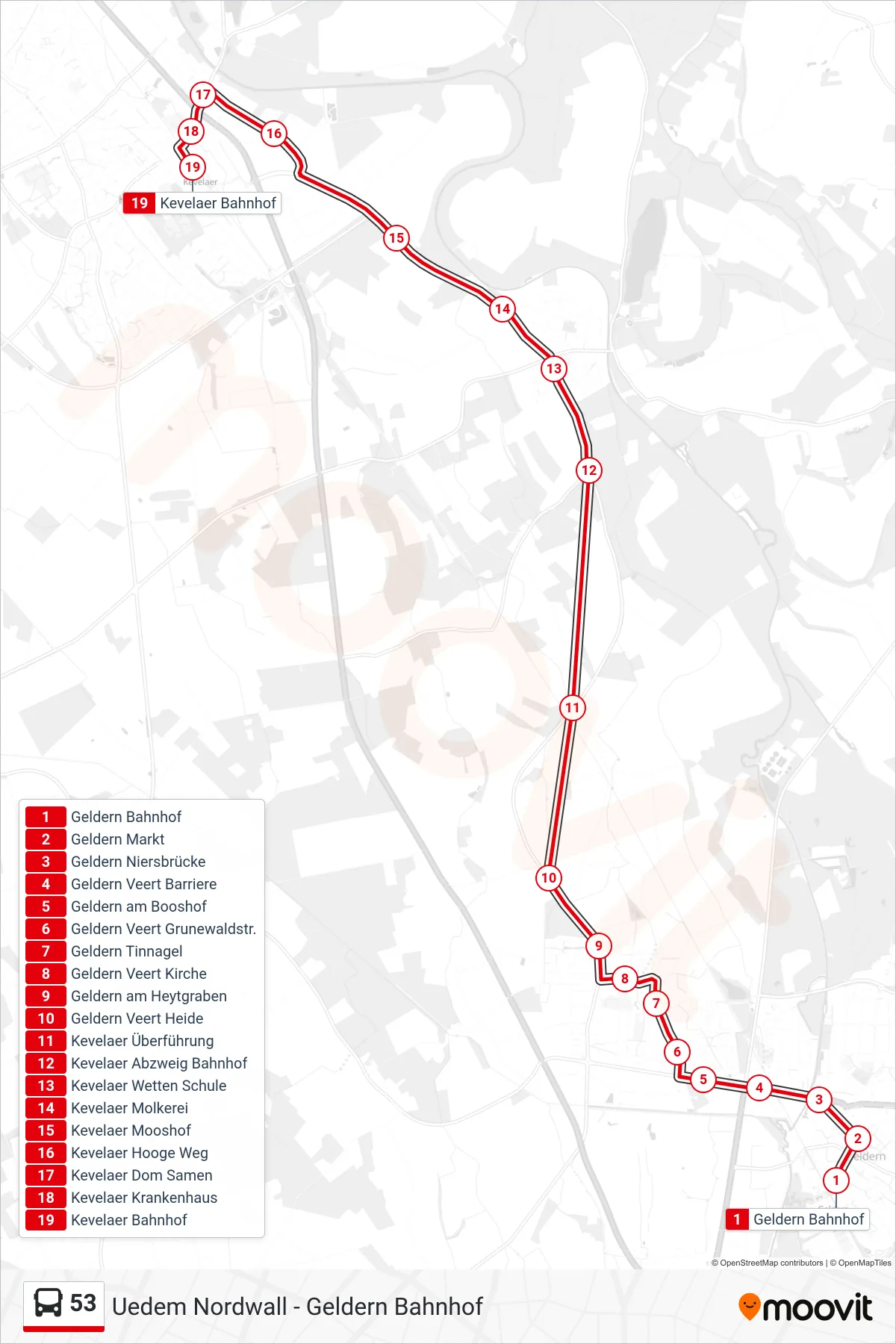 Linie 53 (Bus) Richtung Kevelaer Bahnhof: Route und Haltestellen auf der Karte