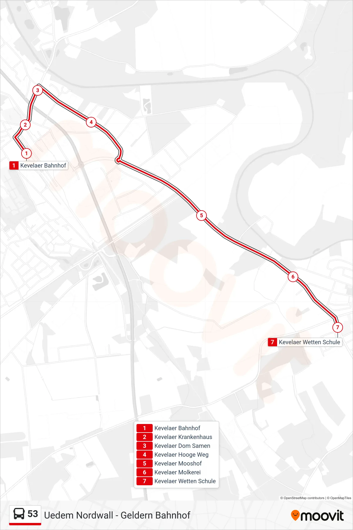 53 bus Line (Kevelaer Wetten Schule) route and stops on a map