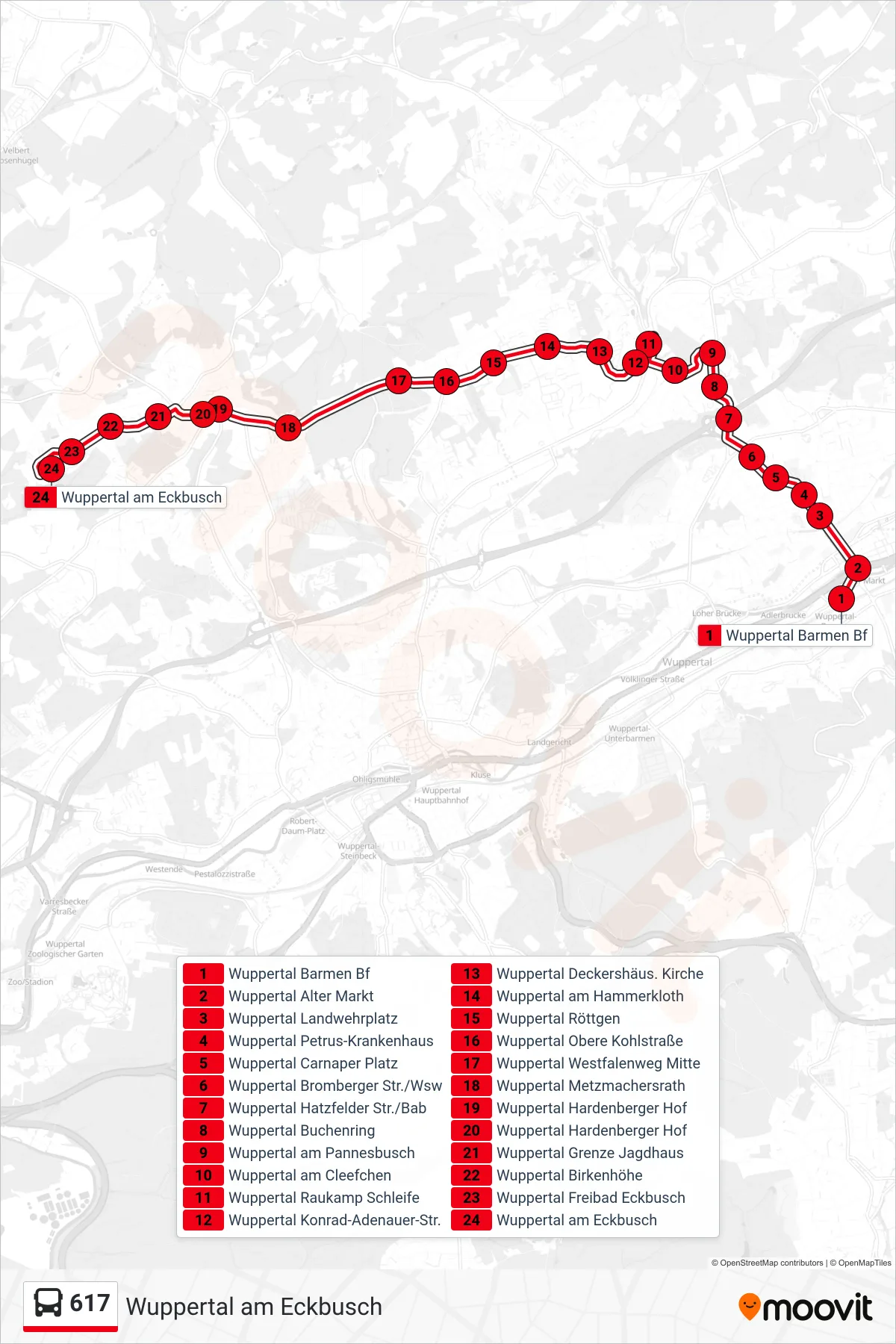 Linie 617 (Bus) Richtung Wuppertal am Eckbusch: Route und Haltestellen auf der Karte