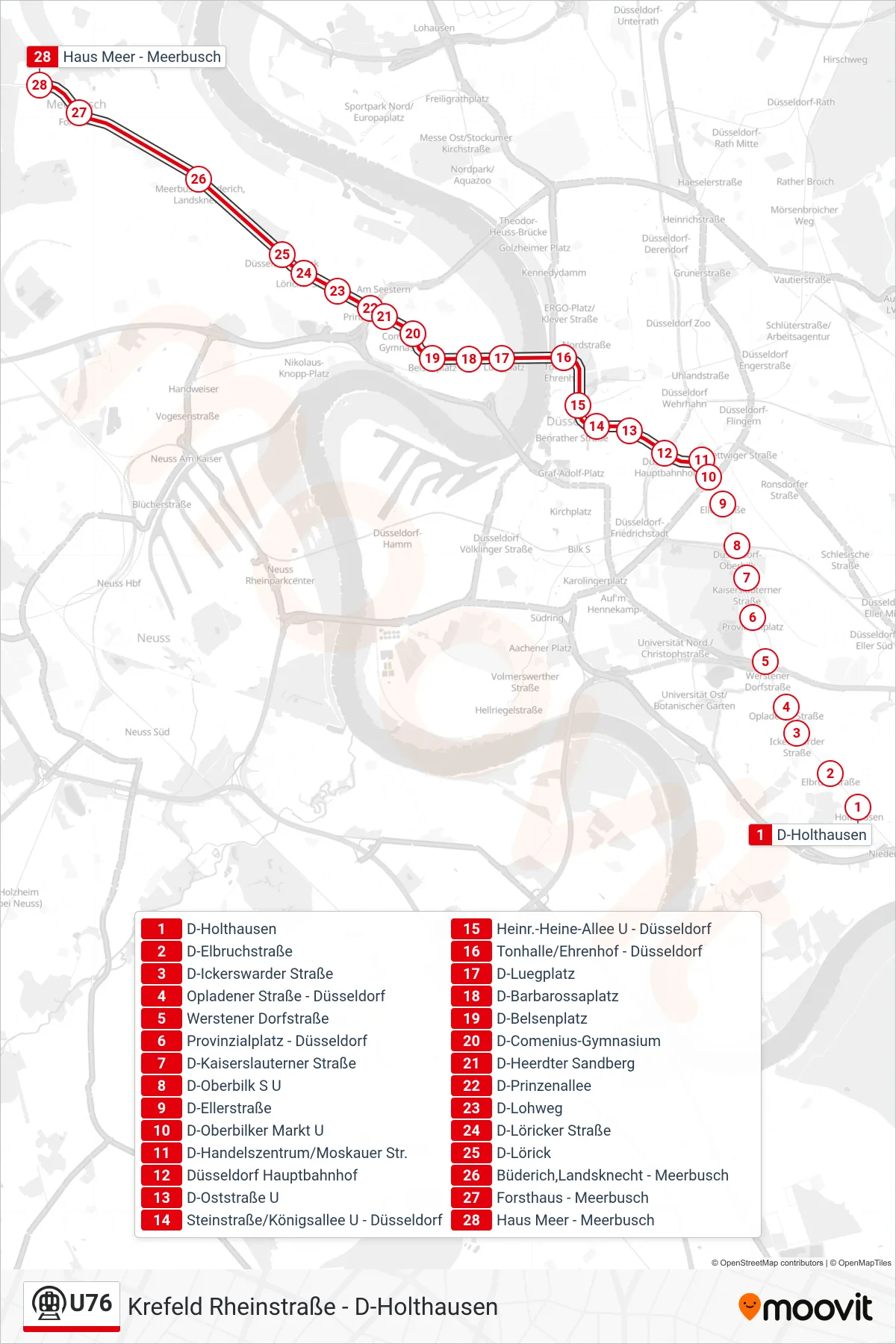 Linie U76 (U-Bahn) Richtung Meerbusch Haus Meer: Route und Haltestellen auf der Karte