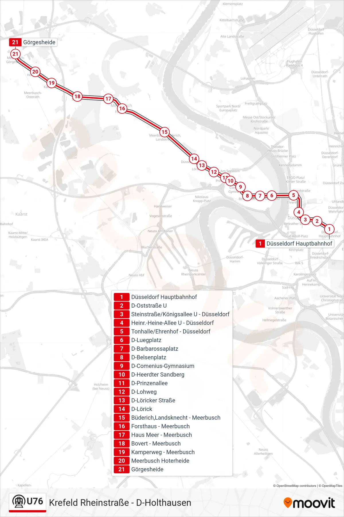 Linie U76 (U-Bahn) Richtung Meerbusch Görgesheide: Route und Haltestellen auf der Karte