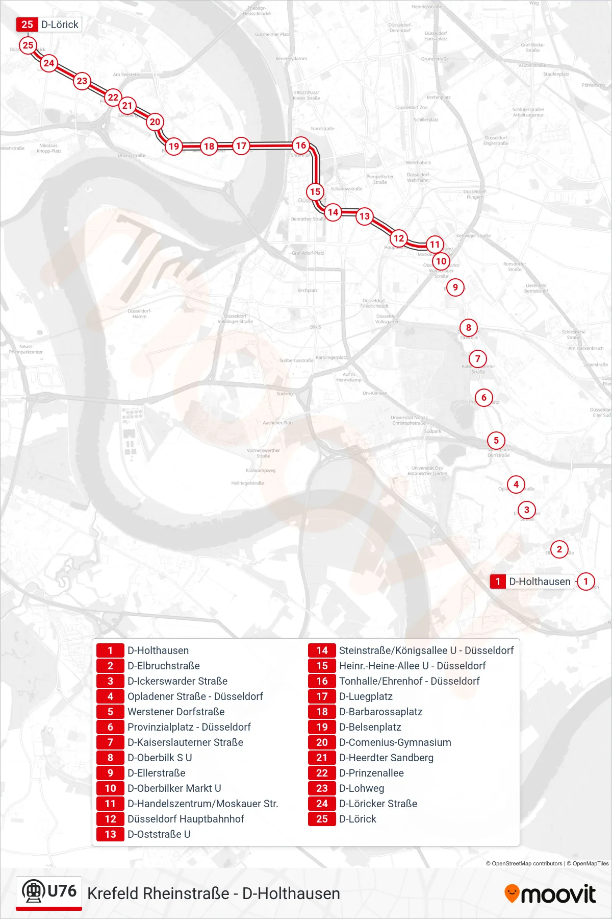 Linie U76 (U-Bahn) Richtung D-Lörick: Route und Haltestellen auf der Karte