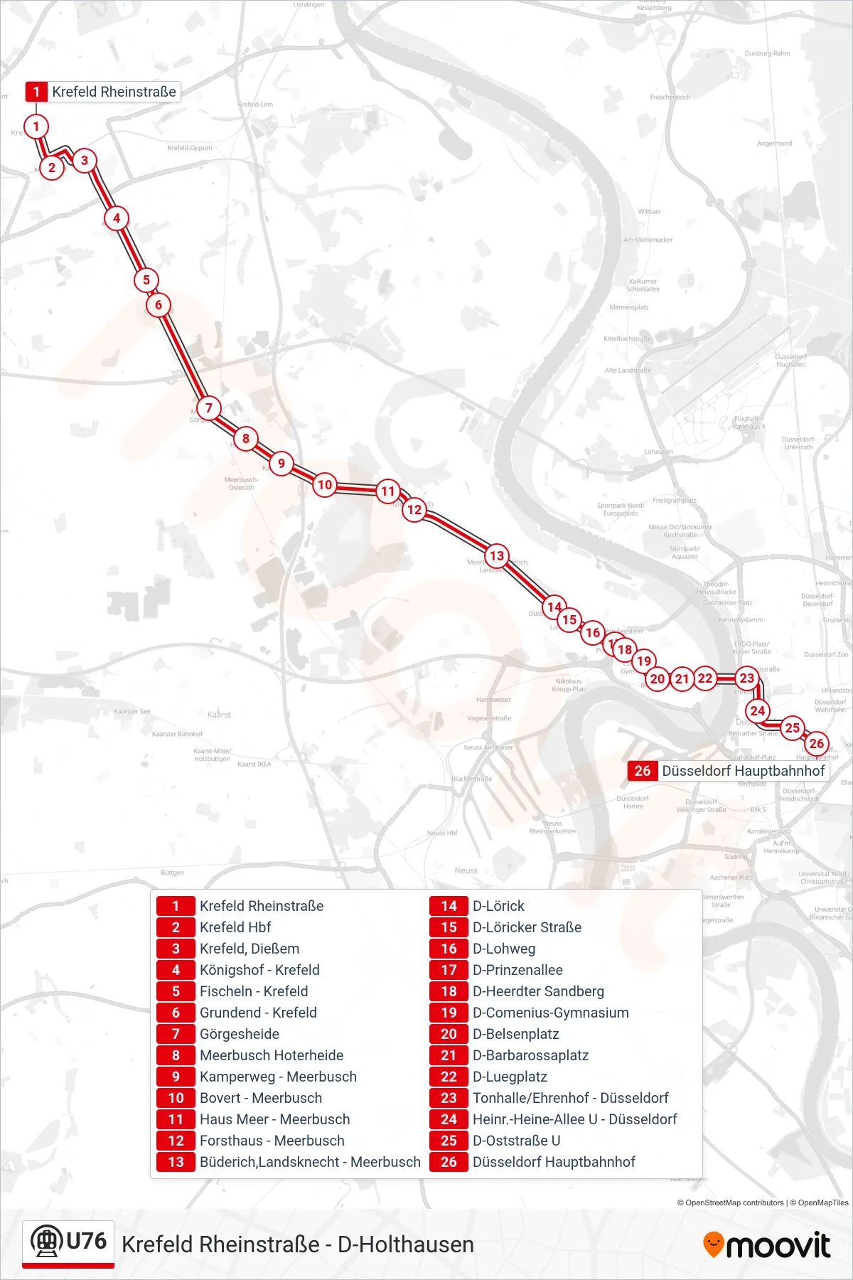 Linie U76 (U-Bahn) Richtung Düsseldorf Hbf: Route und Haltestellen auf der Karte