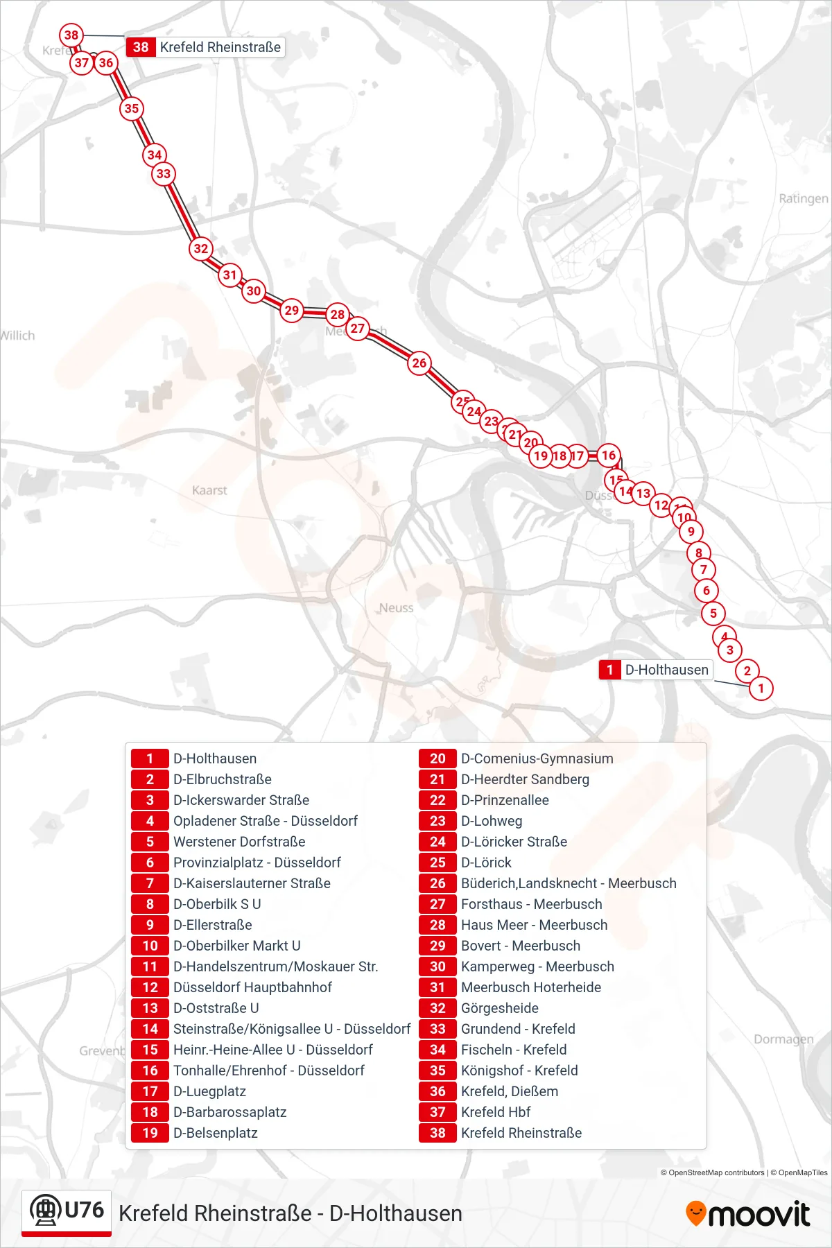 Linie U76 (U-Bahn) Richtung Krefeld Rheinstraße: Route und Haltestellen auf der Karte