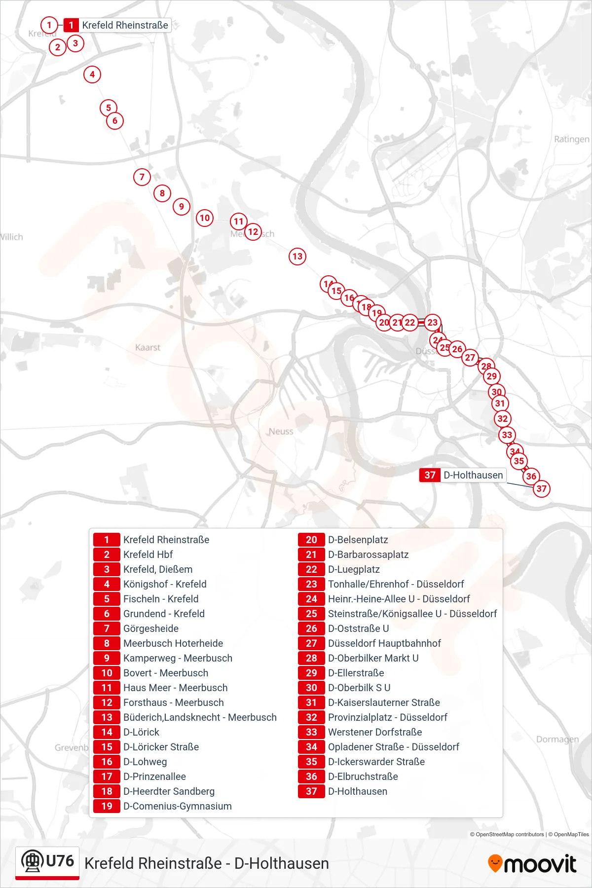 U76 subway Line (D-Holthausen) route and stops on a map