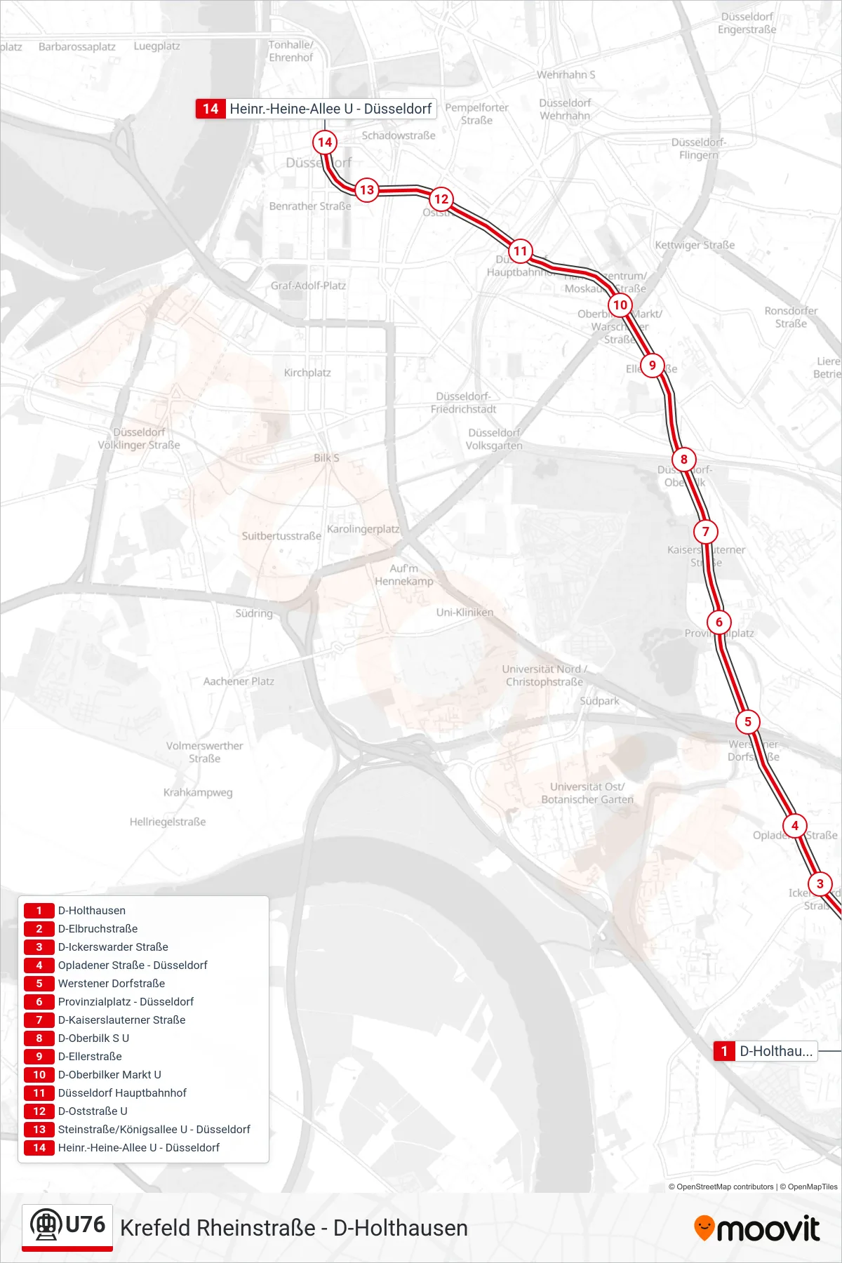 Linie U76 (U-Bahn) Richtung D-Heinrich-Heine-Allee U: Route und Haltestellen auf der Karte