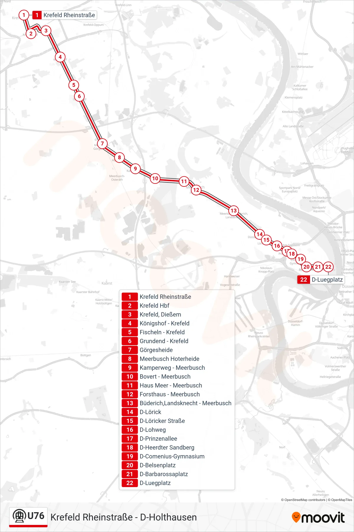 U76 subway Line (D-Luegplatz) route and stops on a map