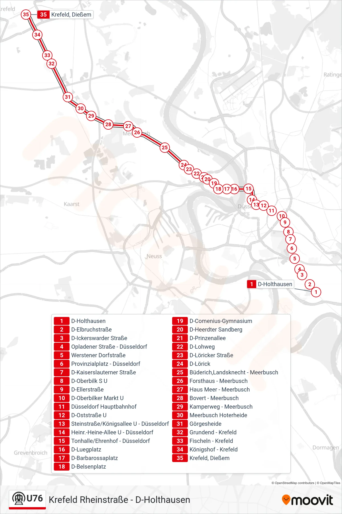 Linie U76 (U-Bahn) Richtung Krefeld, Dießem: Route und Haltestellen auf der Karte