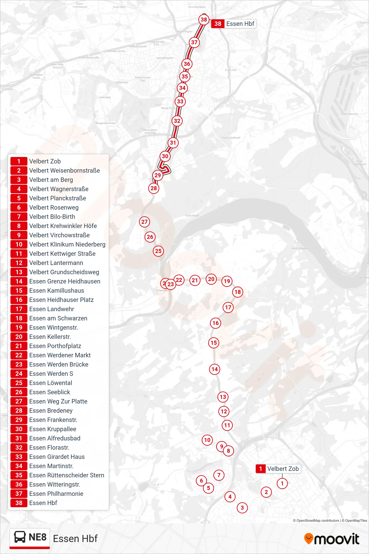 Linie NE8 (Bus) Richtung Essen Hbf: Route und Haltestellen auf der Karte