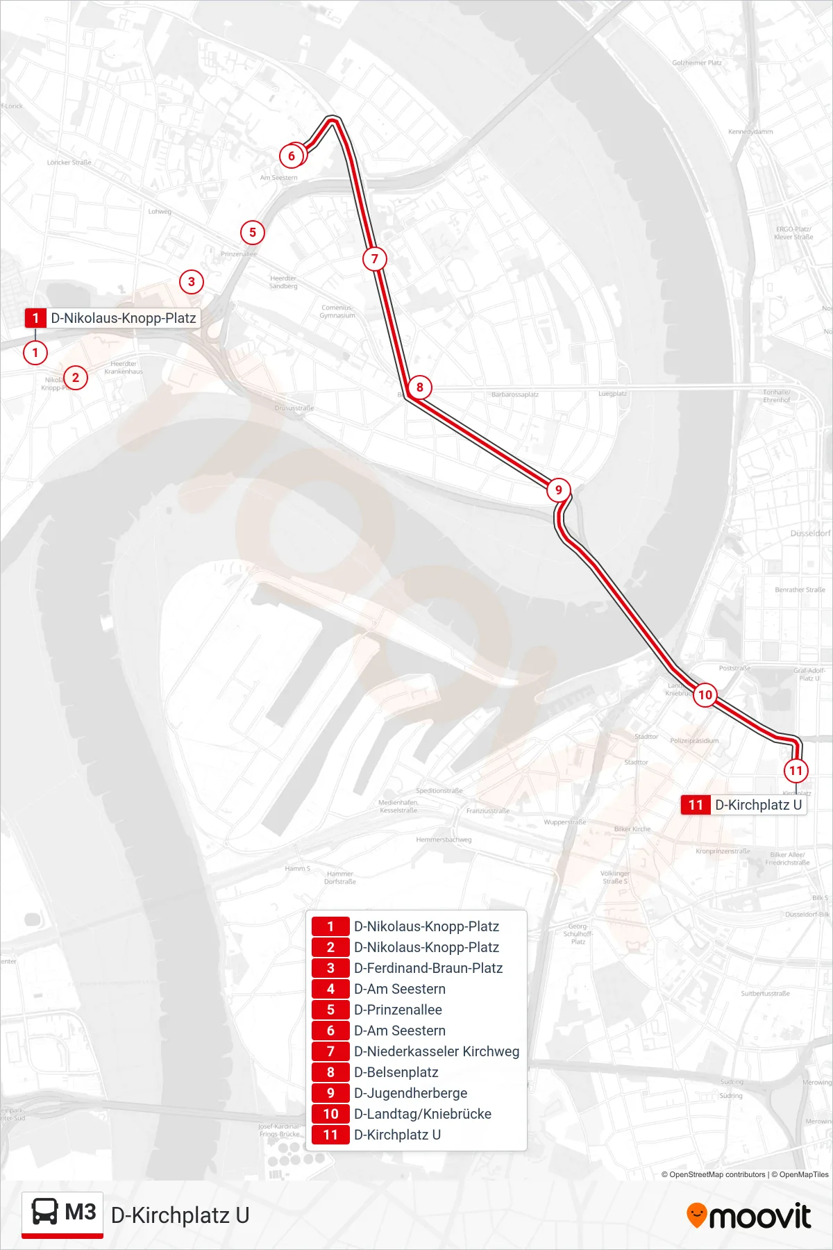 Linie M3 (Bus) Richtung D-Kirchplatz U: Route und Haltestellen auf der Karte