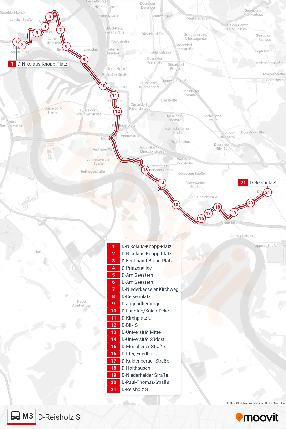 Linie M3 (Bus) Richtung D-Reisholz S: Route und Haltestellen auf der Karte