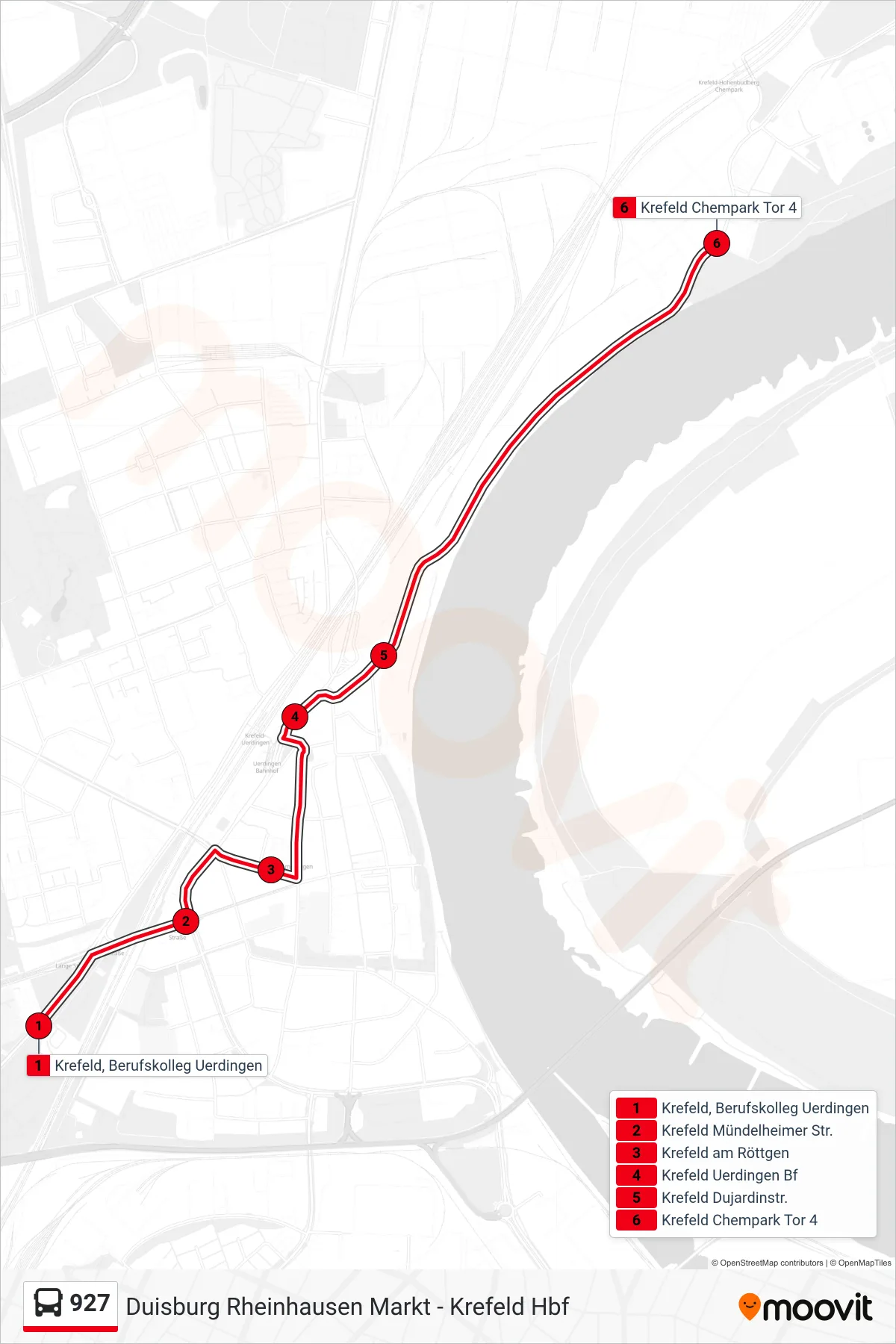 Linie 927 (Bus) Richtung Krefeld Chempark Tor 4: Route und Haltestellen auf der Karte
