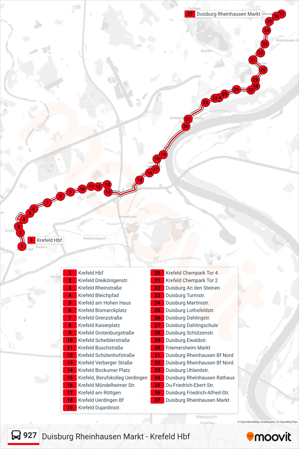 Linie 927 (Bus) Richtung Duisburg Rheinhausen Markt: Route und Haltestellen auf der Karte