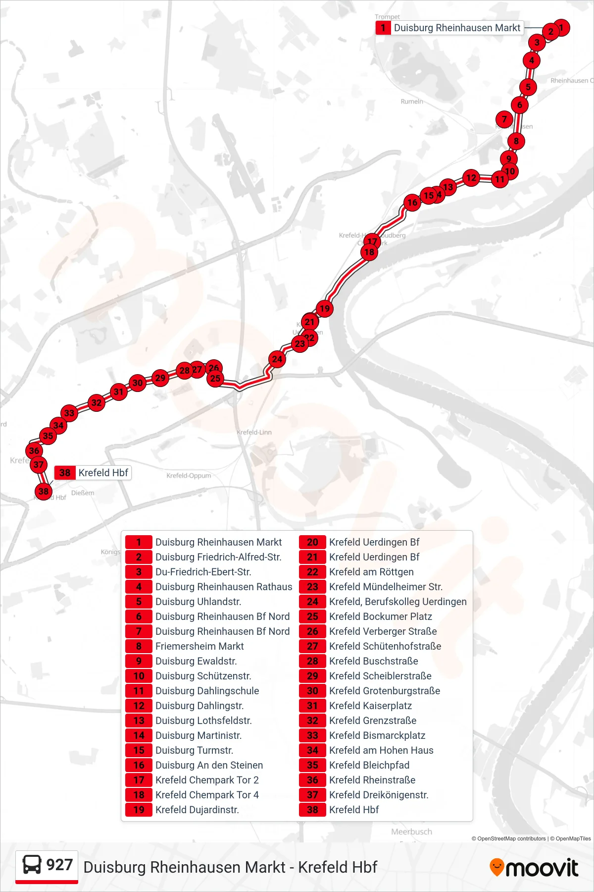 927 bus Line (Krefeld Hbf) route and stops on a map